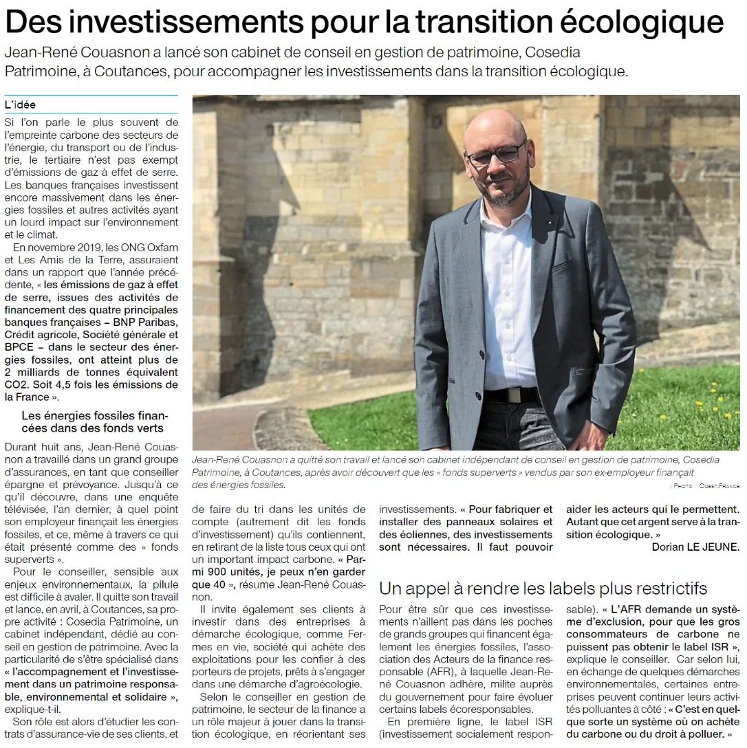 Article Ouest-France du 18 juillet 2023, « Des investissements pour la transition écologique », avec portrait de Jean-René Couasnon